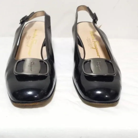 Salvatore Ferragamo Boutique Leather Slingback Block Heel Shoes Black Sz 8.5 3A