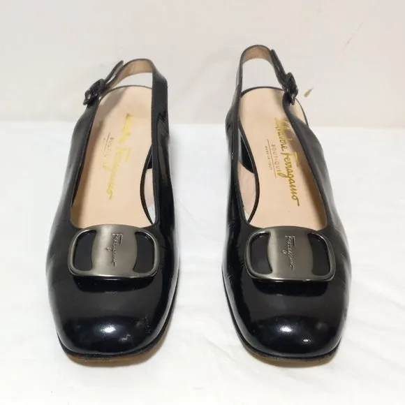 Salvatore Ferragamo Boutique Leather Slingback Block Heel Shoes Black Sz 8.5 3A