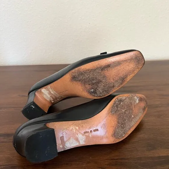 Salvatore Ferragamo Classic Bow Square Toe Black Leather Heels Old Money