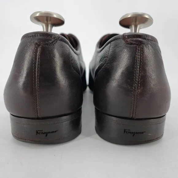 Salvatore Ferragamo Italy Dark Brown Leather Blucher Men 9.5EE Derby Dress Shoes