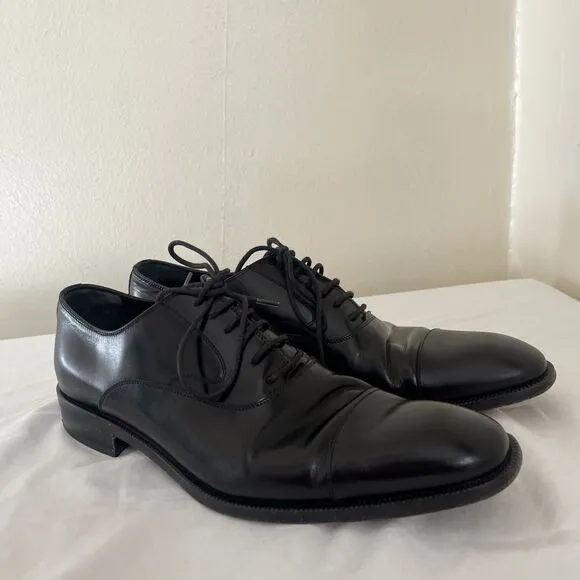 SALVATORE FERRAGAMO Vintage Calfskin Leather Cap Toe Lace-Up Oxford, Black- 8