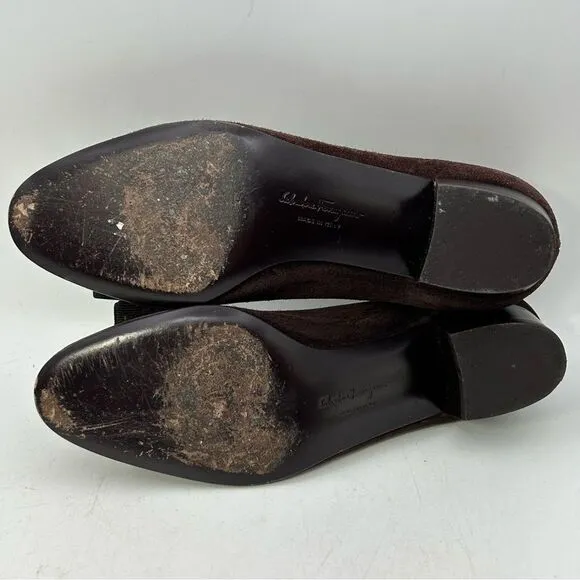Salvatore Ferragamo Vara Bow Pump 7D Brown Silver Suede D Wide WIDTH Shoes Heels