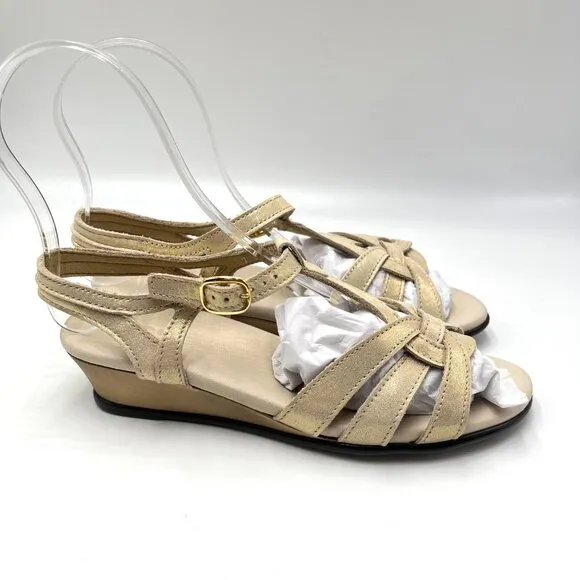 SAS Womens 7M Aurora Soft Gold Leather Low Wedges Sandals Comfort Shoes