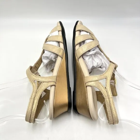 SAS Womens 7M Aurora Soft Gold Leather Low Wedges Sandals Comfort Shoes