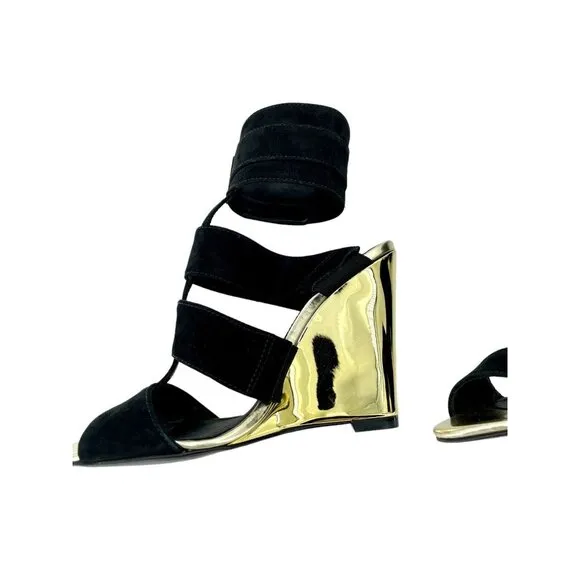 Schutz Gold  Metallic Shine Wedge Black Suede Heels Shoes Sandals Sz 36 EU NIB