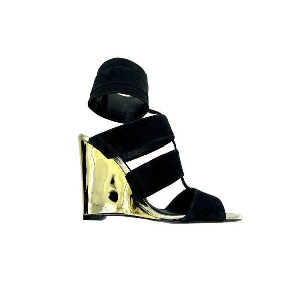 Schutz Gold  Metallic Shine Wedge Black Suede Heels Shoes Sandals Sz 36 EU NIB
