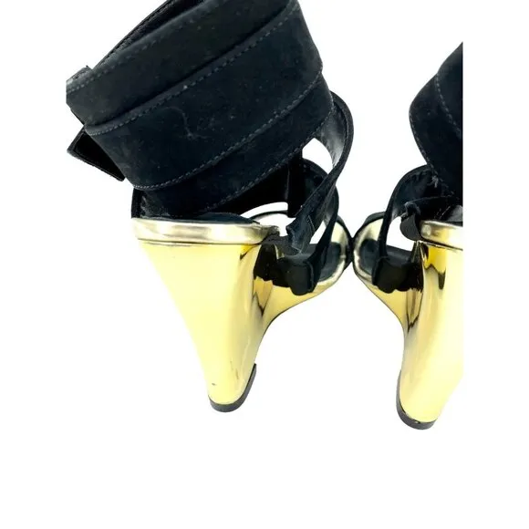 Schutz Gold  Metallic Shine Wedge Black Suede Heels Shoes Sandals Sz 36 EU NIB