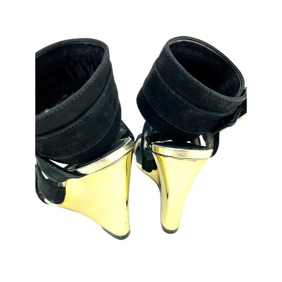 Schutz Gold  Metallic Shine Wedge Black Suede Heels Shoes Sandals Sz 36 EU NIB