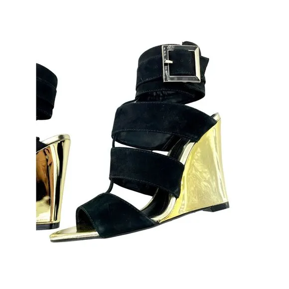 Schutz Gold  Metallic Shine Wedge Black Suede Heels Shoes Sandals Sz 36 EU NIB