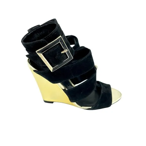 Schutz Gold  Metallic Shine Wedge Black Suede Heels Shoes Sandals Sz 36 EU NIB