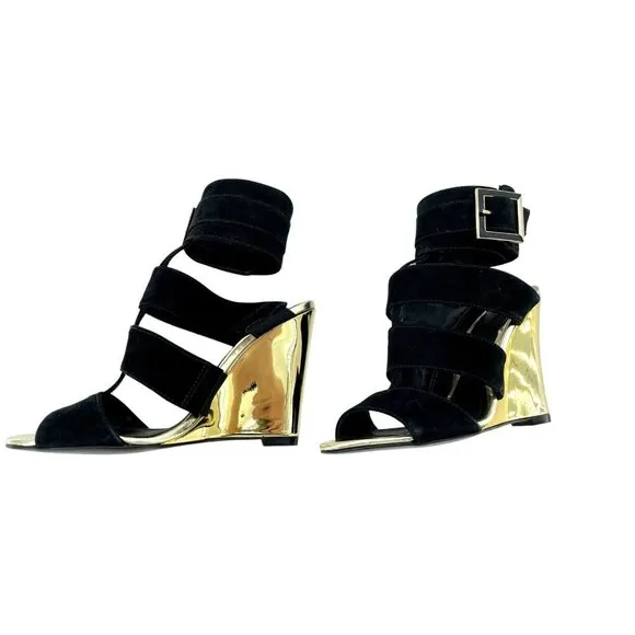 Schutz Gold  Metallic Shine Wedge Black Suede Heels Shoes Sandals Sz 36 EU NIB