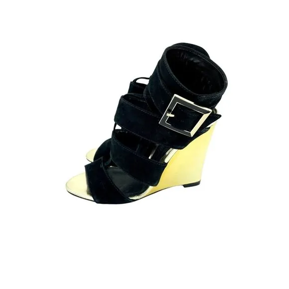 Schutz Gold  Metallic Shine Wedge Black Suede Heels Shoes Sandals Sz 36 EU NIB