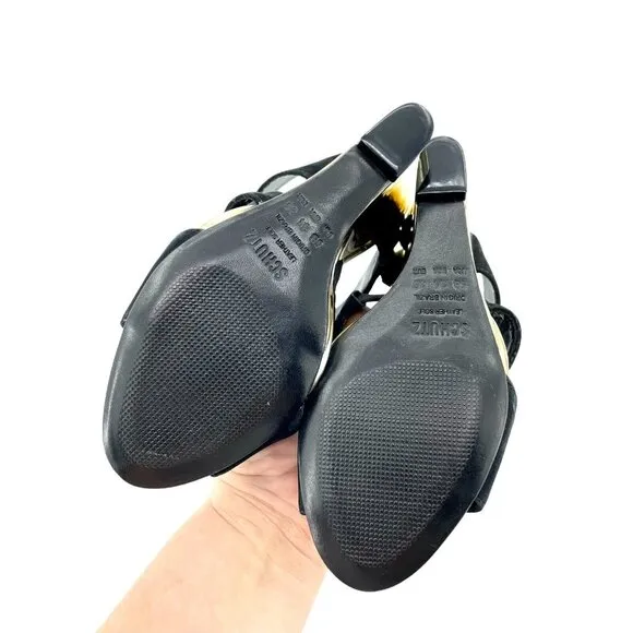 Schutz Gold  Metallic Shine Wedge Black Suede Heels Shoes Sandals Sz 36 EU NIB