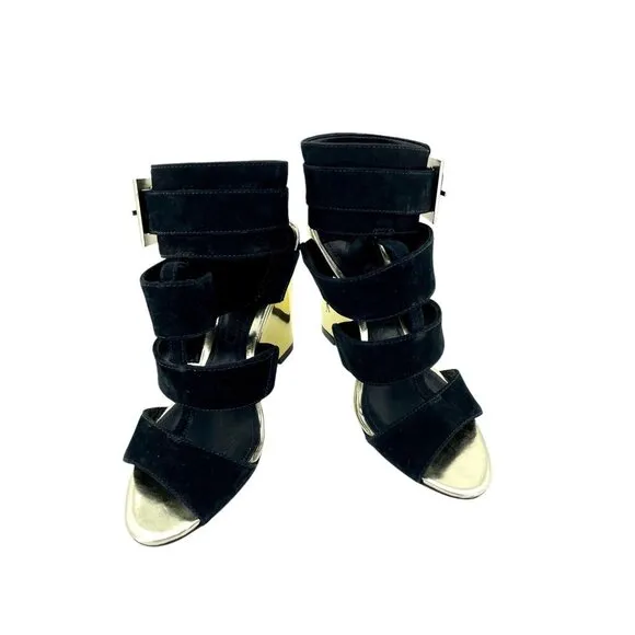 Schutz Gold  Metallic Shine Wedge Black Suede Heels Shoes Sandals Sz 36 EU NIB
