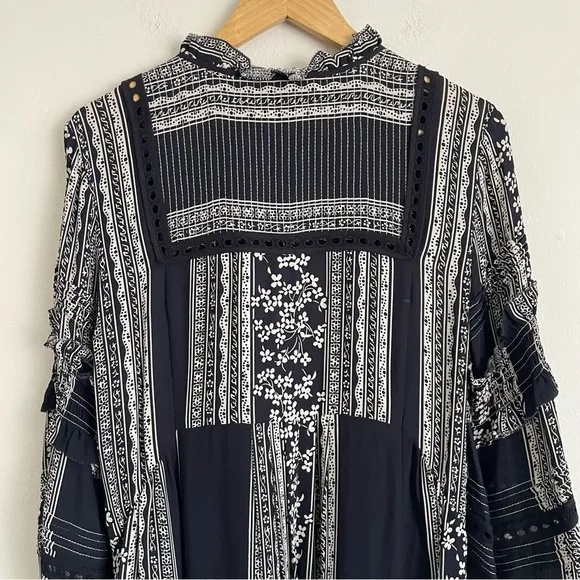 Sea New York Keely Tie-Neck Boho Peasant Tunic Dress – Long Sleeve Mixed Print 8