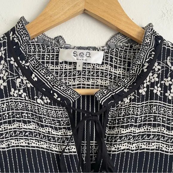 Sea New York Keely Tie-Neck Boho Peasant Tunic Dress – Long Sleeve Mixed Print 8