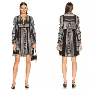 Sea New York Keely Tie-Neck Boho Peasant Tunic Dress – Long Sleeve Mixed Print 8