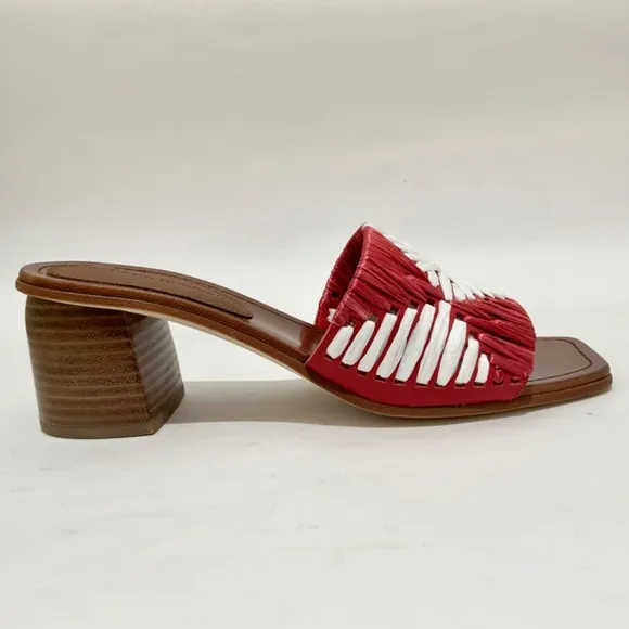 Sigerson Morrison Marnin Red White Brown Leather Heeled Slide Sandals Mules 9.5