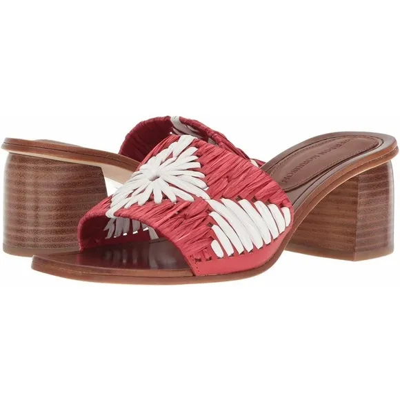 Sigerson Morrison Marnin Red White Brown Leather Heeled Slide Sandals Mules 9.5