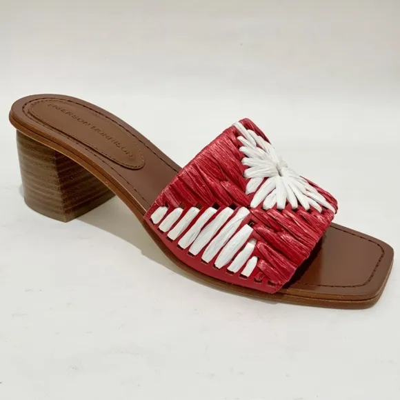 Sigerson Morrison Marnin Red White Brown Leather Heeled Slide Sandals Mules 9.5