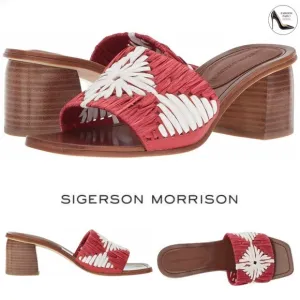 Sigerson Morrison Marnin Red White Brown Leather Heeled Slide Sandals Mules 9.5