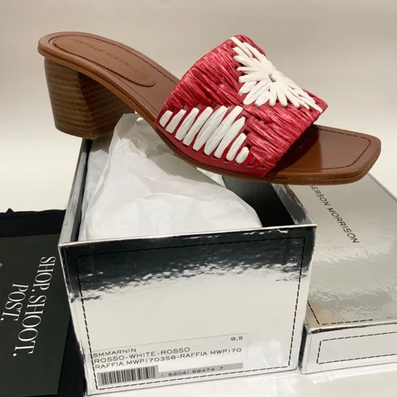 Sigerson Morrison Marnin Red White Brown Leather Heeled Slide Sandals Mules 9.5