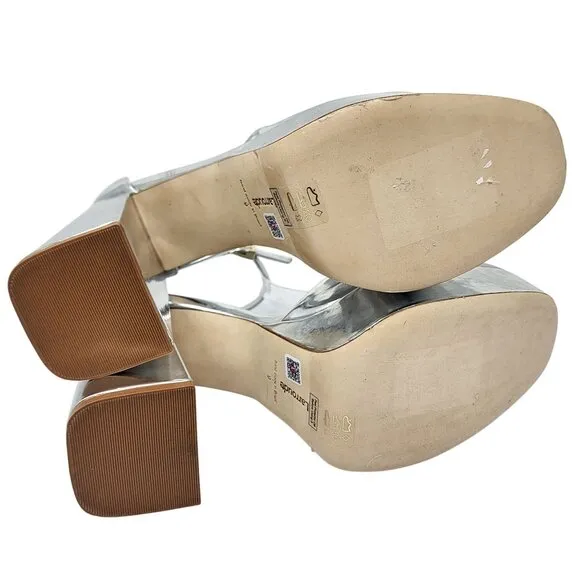 Silver Platform Heeled Shoes With Ankle Strap By Larroudé Size 9 Womens