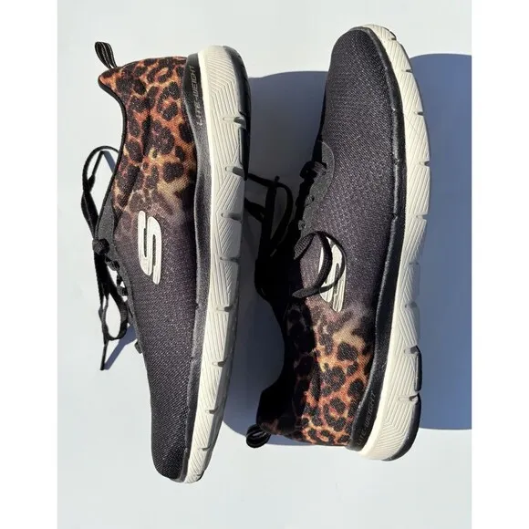 Skechers Flex Appeal 3 Leopard Path Shoes Womens Sz 9.5 Sneakers 13476 Black