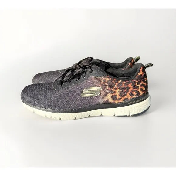Skechers Flex Appeal 3 Leopard Path Shoes Womens Sz 9.5 Sneakers 13476 Black