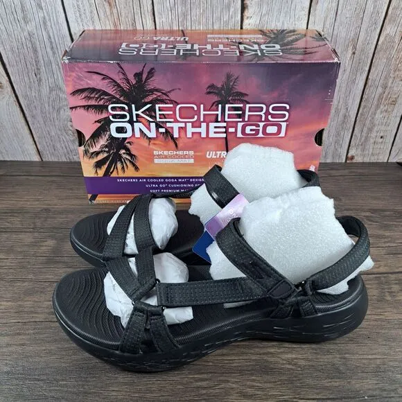 Skechers On The Go 600 Brilliancy Contoured Heel Sandals Women's Sz 9 Black NIB
