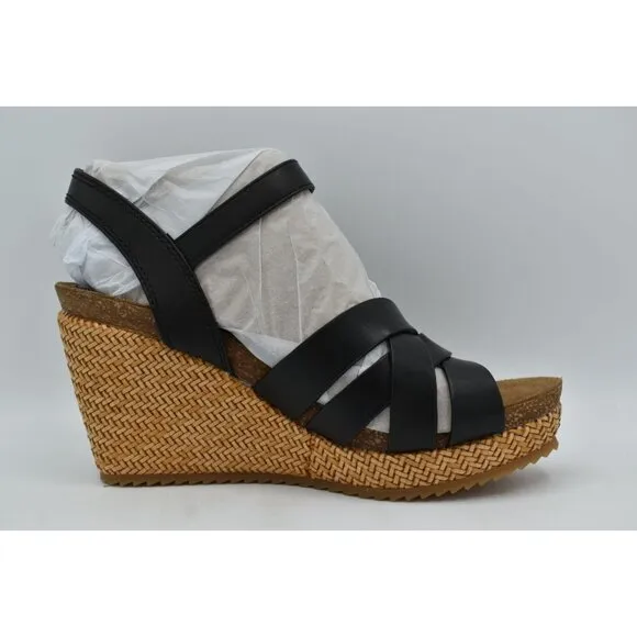 Sofft Womens Size 7.5 Carlana Black Leather Wedge Sandals Shoes
