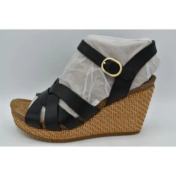 Sofft Womens Size 7.5 Carlana Black Leather Wedge Sandals Shoes
