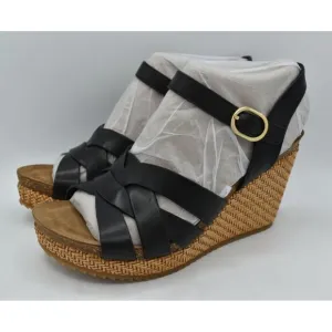 Sofft Womens Size 7.5 Carlana Black Leather Wedge Sandals Shoes