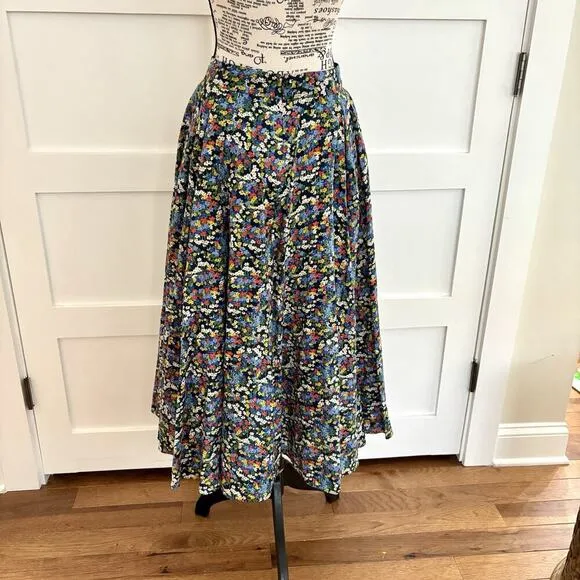 [SOLD OUT] Boden Size 2 / 4 Corinne Black Multi Floral Cotton A-Line Midi Skirt