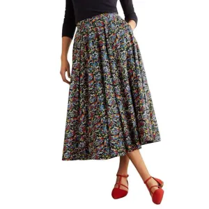 [SOLD OUT] Boden Size 2 / 4 Corinne Black Multi Floral Cotton A-Line Midi Skirt