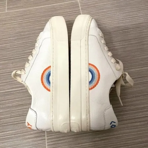Soludos Ibiza Platform Leather Sneakers White Groovy Wave Rainbow Size 6