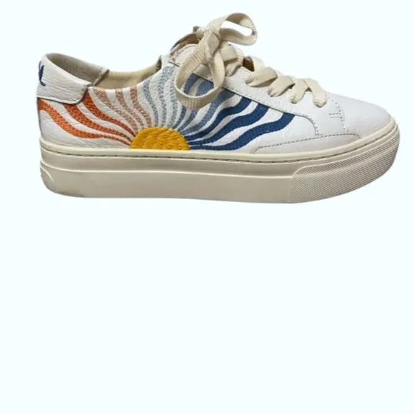 Soludos Ibiza Platform Leather Sneakers White Groovy Wave Rainbow Size 6