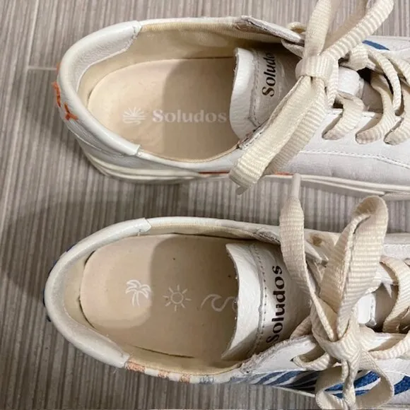 Soludos Ibiza Platform Leather Sneakers White Groovy Wave Rainbow Size 6