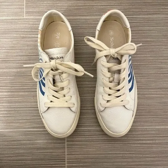Soludos Ibiza Platform Leather Sneakers White Groovy Wave Rainbow Size 6