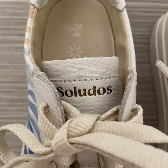 Soludos Ibiza Platform Leather Sneakers White Groovy Wave Rainbow Size 6