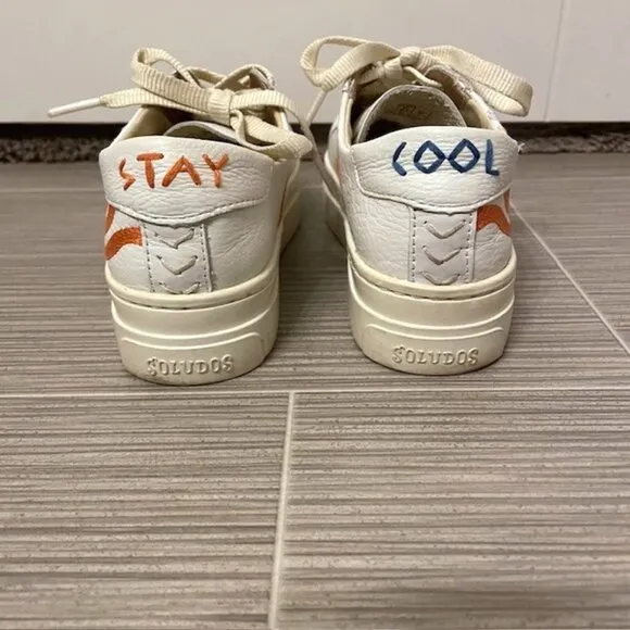 Soludos Ibiza Platform Leather Sneakers White Groovy Wave Rainbow Size 6