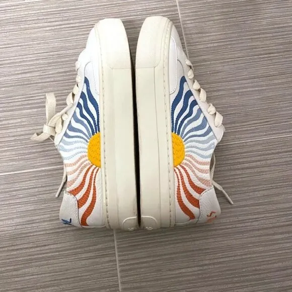 Soludos Ibiza Platform Leather Sneakers White Groovy Wave Rainbow Size 6