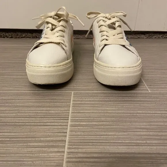 Soludos Ibiza Platform Leather Sneakers White Groovy Wave Rainbow Size 6
