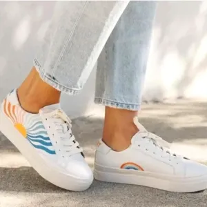 Soludos Ibiza Platform Leather Sneakers White Groovy Wave Rainbow Size 6