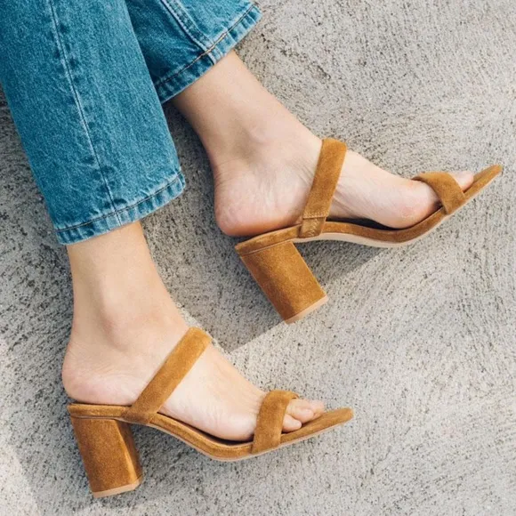 Soludos Ines Walnut Tan Suede Leather Heels Slip On Block Heel Strap Sandals 9.5