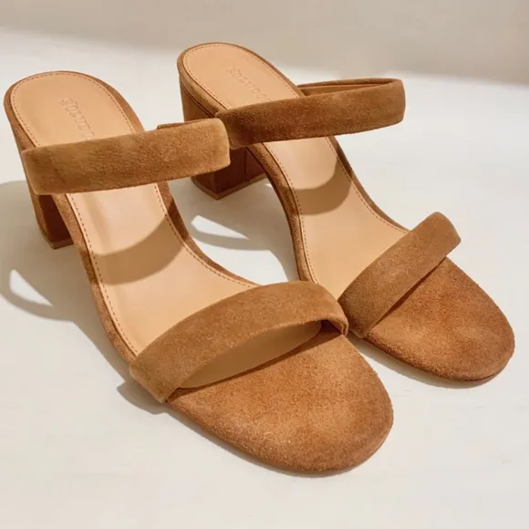 Soludos Ines Walnut Tan Suede Leather Heels Slip On Block Heel Strap Sandals 9.5