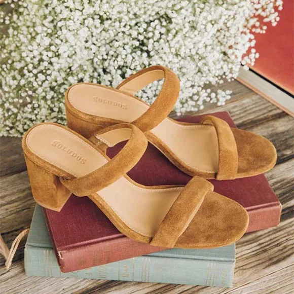Soludos Ines Walnut Tan Suede Leather Heels Slip On Block Heel Strap Sandals 9.5