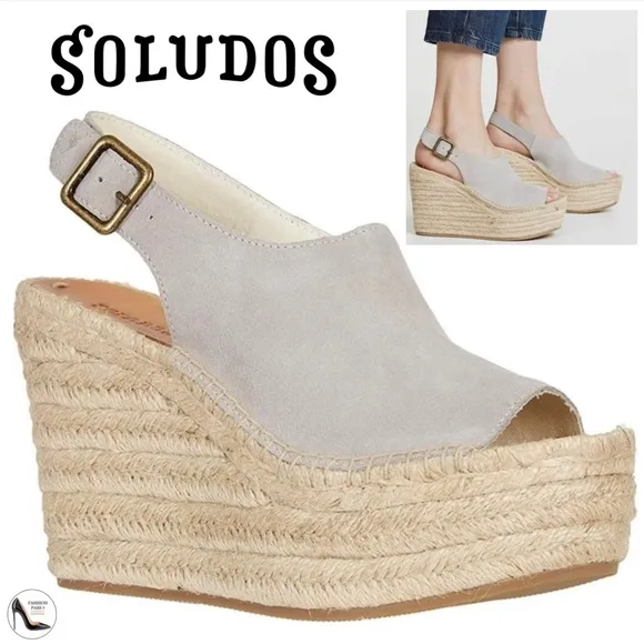 Soludos Sevilla Stone Grey Suede Espadrille Platform Wedge Slingback Sandals 9