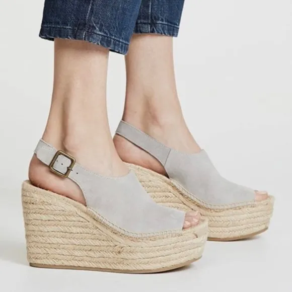 Soludos Sevilla Stone Grey Suede Espadrille Platform Wedge Slingback Sandals 9