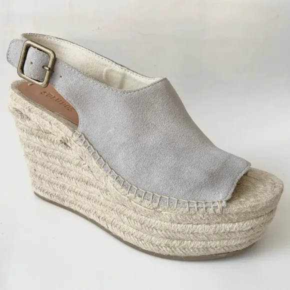 Soludos Sevilla Stone Grey Suede Espadrille Platform Wedge Slingback Sandals 9